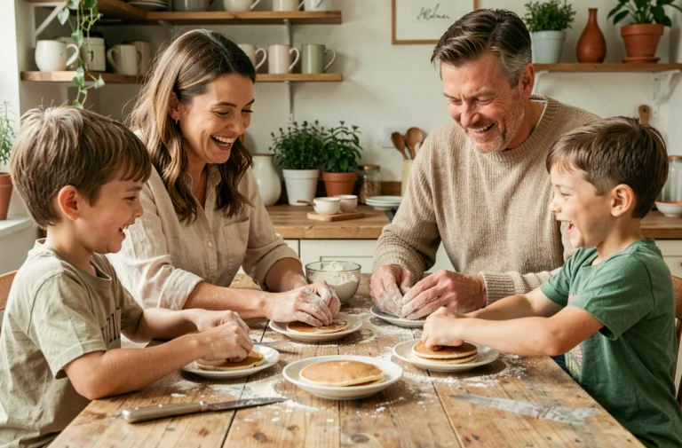 Famille heureuse préparant des crêpes ensemble dans une cuisine chaleureuse un dimanche matin