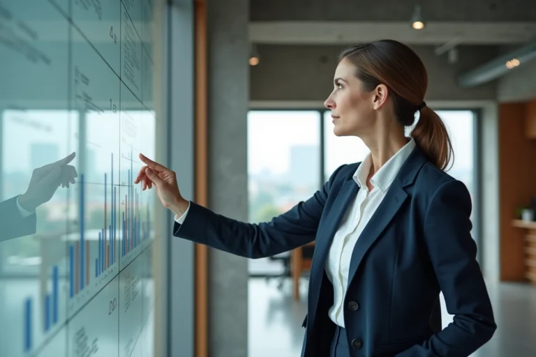 Femme d'affaires présentant une stratégie de croissance sur un tableau blanc dans un bureau moderne