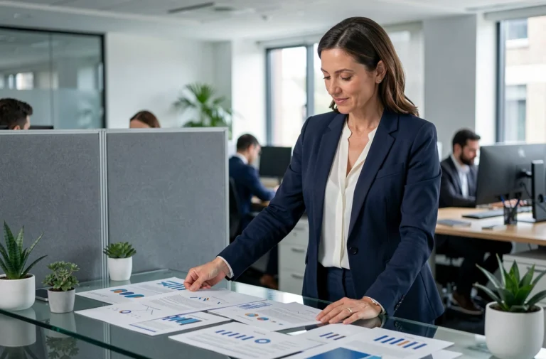 Femme d'affaires analysant des rapports de tendances business dans un bureau moderne en 2024