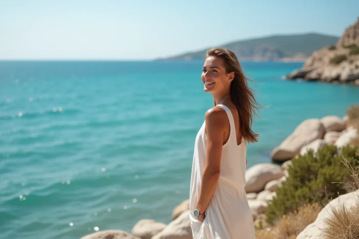Femme en robe de lin sur les rochers en Corse avec vue sur la mer turquoise, séjour tout compris