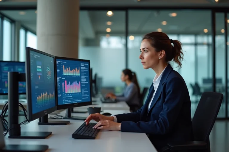 Femme cadre analysant des tableaux de bord numériques dans un bureau moderne lors d'un projet de digitalisation d'entreprise