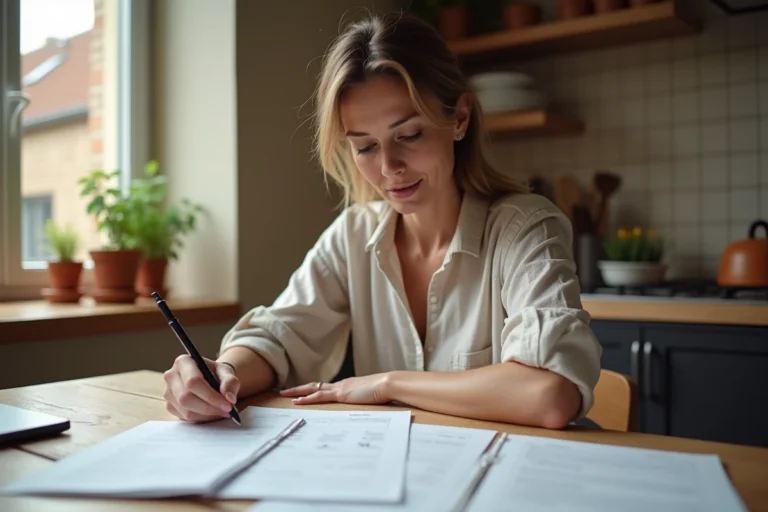 Femme consultant des documents d'assurance habitation à la table de cuisine, comparant des offres pour choisir la meilleure assurance en France