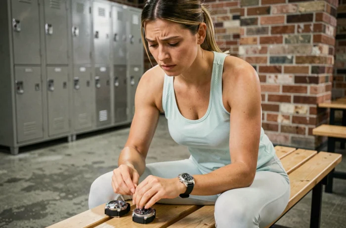 Femme athlète comparant deux chronomètres de sport posés sur un banc dans un vestiaire de salle de sport
