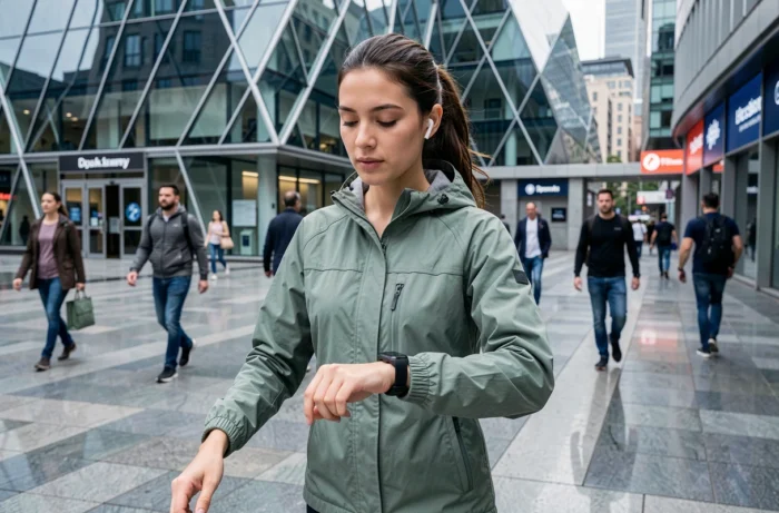 Jeune femme connectée consultant sa montre intelligente en marchant dans un quartier urbain moderne