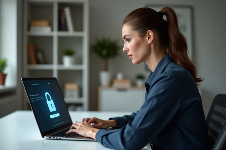 Femme connectée à un coffre-fort numérique sécurisé sur son ordinateur portable dans un bureau à domicile