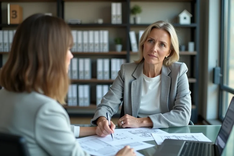 Une femme en blazer gris discute de crédits immobiliers avec un conseiller bancaire dans une agence moderne, documents et plans architecturaux sur le bureau