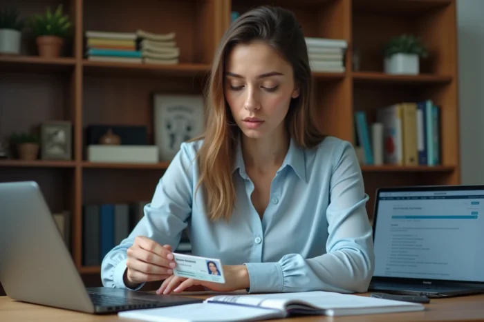Femme consultant son permis de conduire français à son bureau pour retrouver la date de délivrance