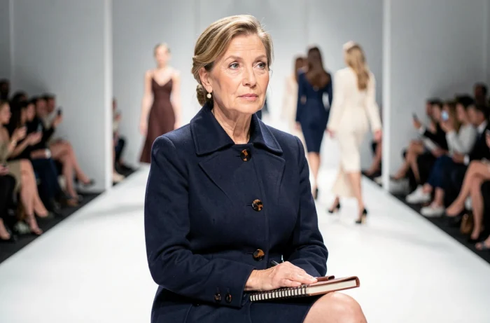 Femme distinguée au premier rang d'un défilé de haute couture, observant le podium avec une expression experte et autoritaire