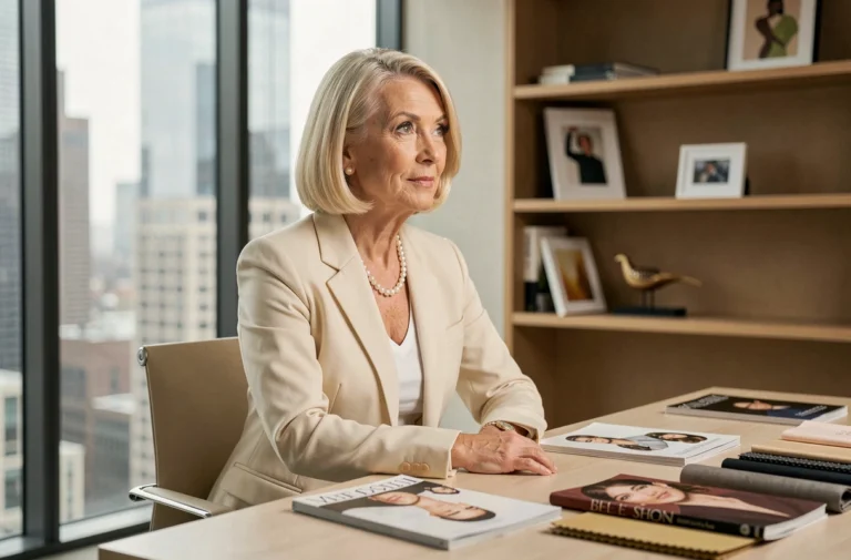 Femme élégante au style éditorial raffiné assise dans un bureau de mode new-yorkais, incarnant l'autorité et le prestige de la haute couture