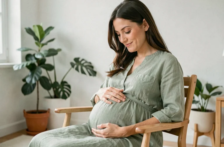 Femme enceinte au troisième trimestre assise dans un salon lumineux, la main posée sur son ventre, regardant vers le bas avec un sourire serein