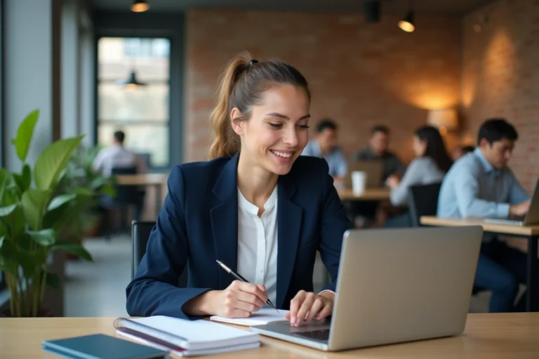 Femme professionnelle en blazer marine prenant des notes sur une formation en ligne dans un espace de coworking moderne