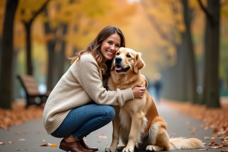 Femme souriante étreignant son golden retriever dans un parc automnal aux feuilles dorées