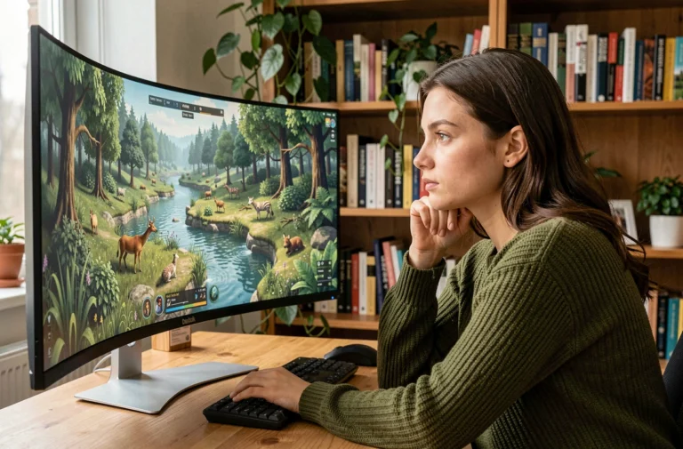 Jeune femme jouant à un jeu de gestion d'écosystème en ligne sur un grand écran courbe dans un bureau chaleureux à domicile