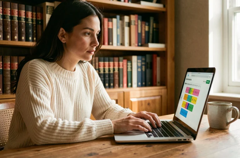 Jeune femme concentrée jouant à un jeu de devinettes de mots sur ordinateur portable à son bureau à domicile