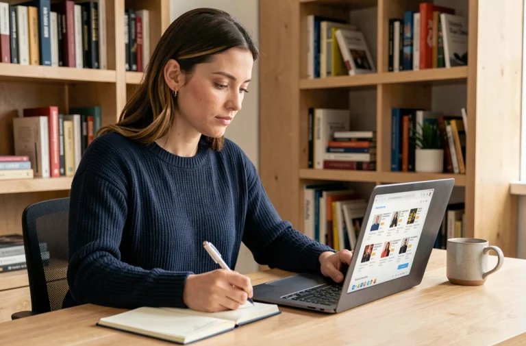 Femme consultant ses liens favoris sur un ordinateur portable dans un bureau home office cosy