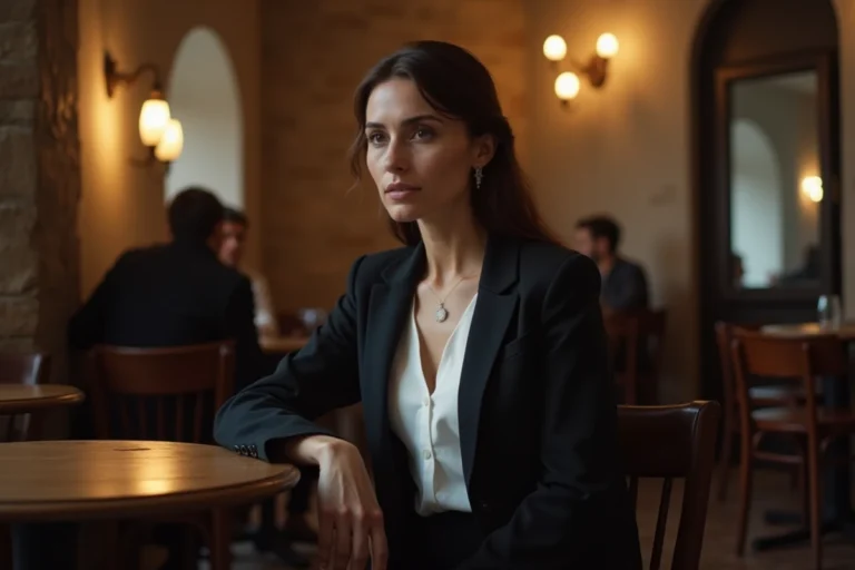 Femme dans la trentaine assise seule dans un café européen discret, évoquant l'anonymat et le mystère lié à l'histoire de Manuela Escobar
