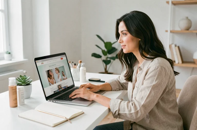 Femme naviguant sur un site de beauté et bien-être depuis son bureau minimaliste avec des produits de soin autour d'elle