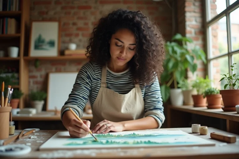 Femme peignant une aquarelle dans un atelier créatif fait maison, activité de loisir artistique enrichissante