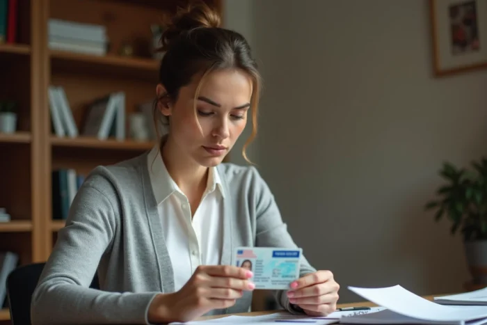 Femme examinant son permis de conduire à son bureau lors d'une démarche administrative après une perte