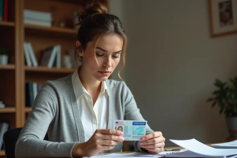 Femme examinant son permis de conduire à son bureau lors d'une démarche administrative après une perte