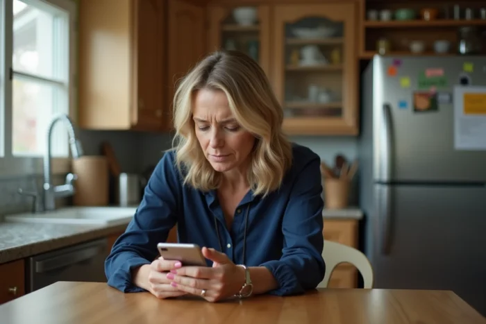 Femme consultant son téléphone portable sans crédit depuis sa cuisine