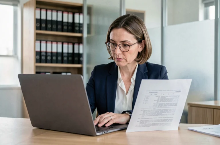 Femme professionnelle consultant des mentions légales sur un site internet depuis son ordinateur portable dans un bureau moderne