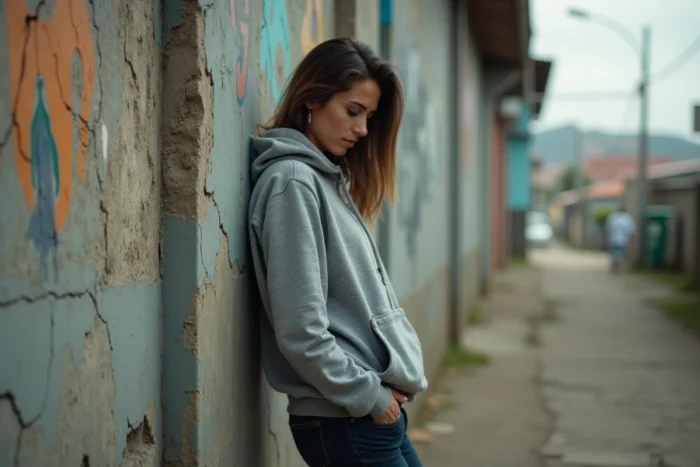 Femme aux allures discrètes dans un quartier urbain d'Amérique latine, symbolisant l'exil et l'anonymat associés à la vie de Manuela Escobar