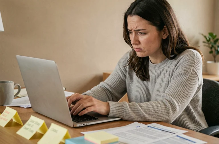 Femme cherchant un code d'enquête perdu sur son ordinateur portable dans un bureau à domicile