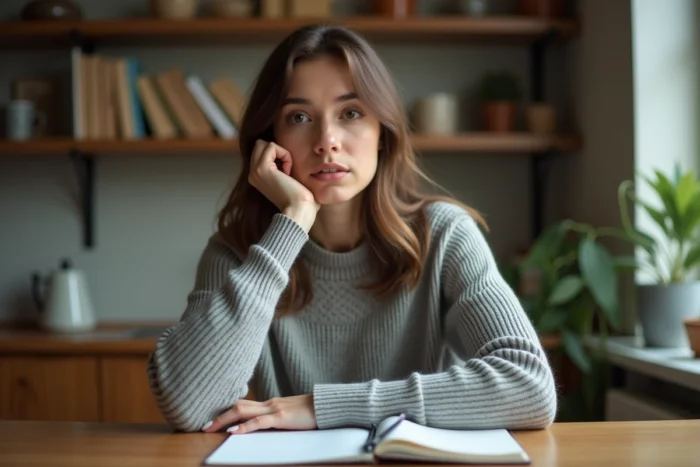 Femme songeuse assise à une table en bois, carnet ouvert devant elle, réfléchissant à une décision importante dans sa vie