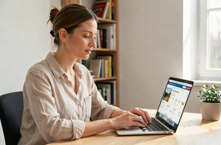 Femme cherchant et réservant un vol sur un ordinateur portable dans un bureau à domicile moderne