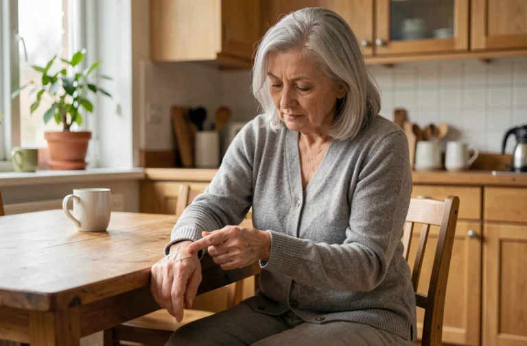 Femme de 70 ans vérifiant son pouls au poignet dans une cuisine chaleureuse, illustrant la surveillance du rythme cardiaque chez les seniors