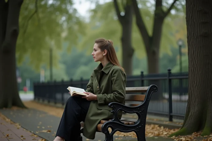 Femme seule sur un banc de parc tenant un livre fermé, portrait contemplatif évoquant la vie discrète et mystérieuse de la fille de Pablo Escobar