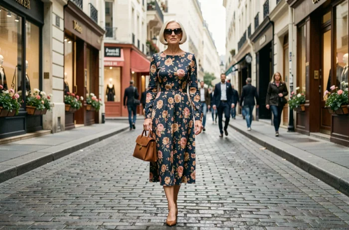 Femme sophistiquée au carré blond et lunettes de soleil marchant avec assurance dans une rue pavée parisienne lors d'une semaine de la mode