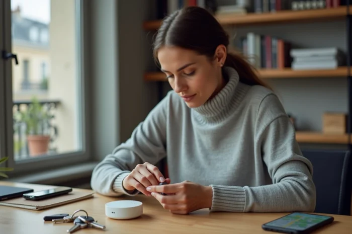 Femme utilisant un traceur GPS Rabbit Finder dans un appartement parisien moderne en 2024