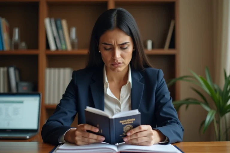 Femme inquiète examinant un visa expiré dans son passeport à son bureau à domicile