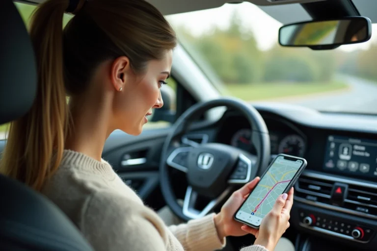 Femme en voiture consultant l'application Michelin sur son smartphone pour partager sa position pendant un trajet