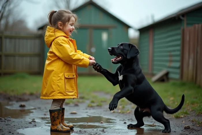 Petite fille en ciré jaune jouant avec un chiot labrador noir dans un jardin boueux après la pluie