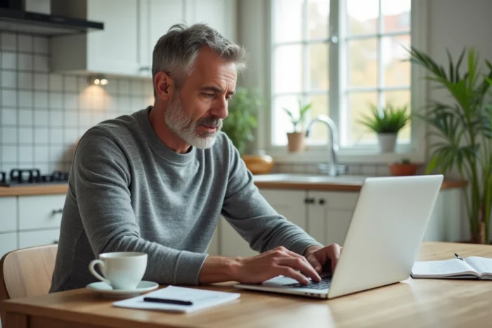 Homme gérant le remboursement anticipé de son crédit en ligne depuis sa cuisine
