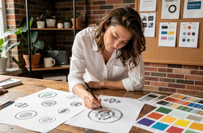 Graphiste créant des esquisses de logo à la main sur un bureau en bois avec des guides Pantone et des planches de marque