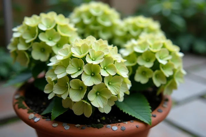 Gros plan sur des fleurs d'hortensia qui verdissent, révélant une coloration chlorophyllienne inhabituelle des pétales