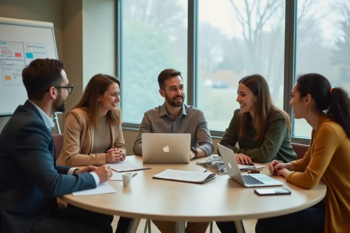 Groupe de professionnels participant à un atelier de formation pour booster leur carrière dans un espace emploi dédié