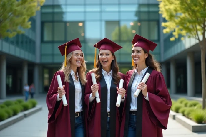 Groupe de diplômés en toge tenant leurs diplômes et riant dans une cour de campus universitaire moderne