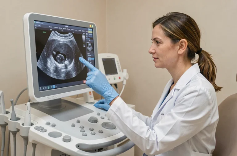 Gynécologue pointant un écran d'échographie montrant un sac gestationnel à 5 semaines d'aménorrhée