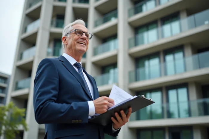 Un homme d'affaires en costume marine tient des documents de financement immobilier devant un immeuble résidentiel neuf, illustrant l'optimisation de projets immobiliers