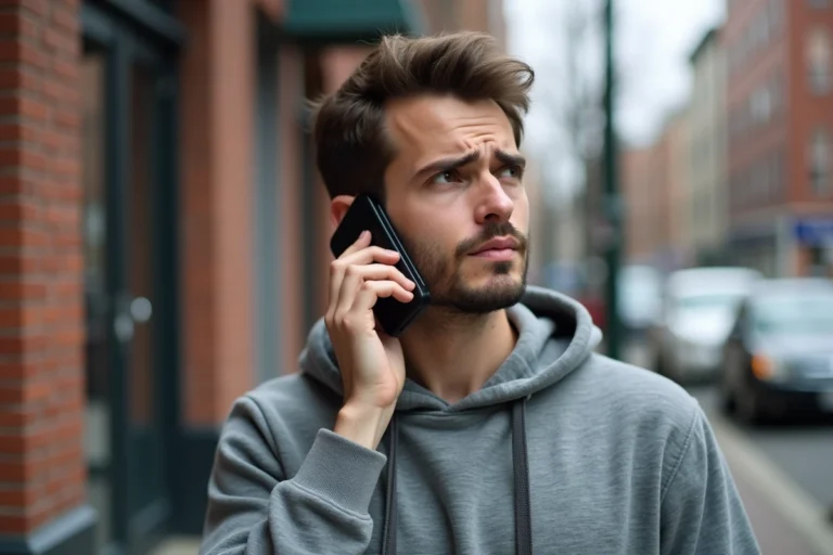 Homme en sweat gris téléphonant depuis son portable sans crédit dans la rue