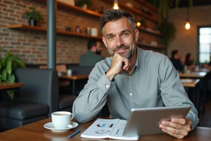 Homme prenant des notes sur les usages d'Opraz dans un café avec tablette et schémas