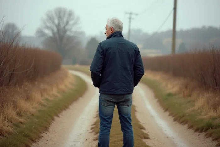 Homme debout à un carrefour de chemins ruraux en automne, symbolisant le choix entre deux directions de vie