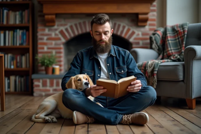 Homme lisant un livre dans son salon avec son chien reposant sur ses genoux dans une ambiance chaleureuse