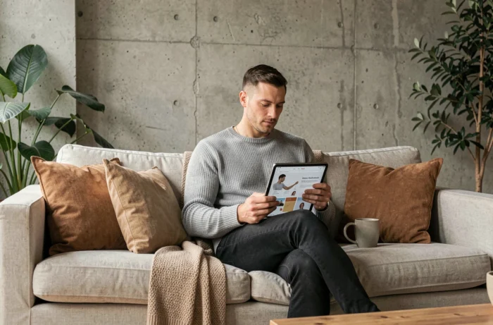 Homme consultant un site de bien-être et beauté sur une tablette dans un salon moderne aux tons naturels