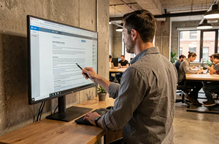 Homme consultant les mentions légales et la politique de confidentialité d'un site web dans un espace de co-working moderne